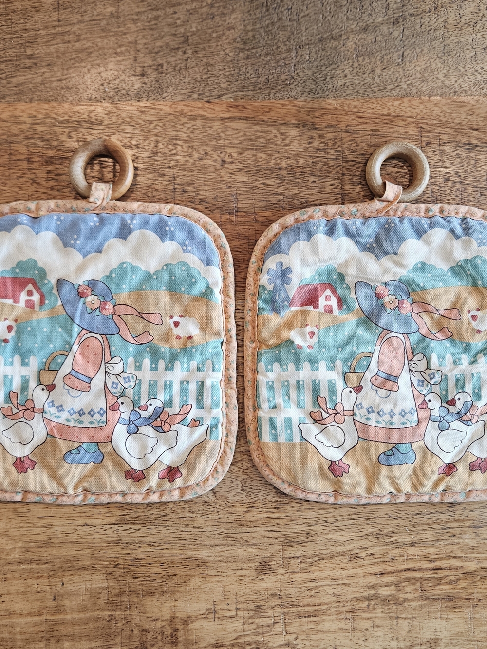 Vintage 80s Country Geese Potholders Set of 2 Farm Girl Sheep Wood Ring Cottage